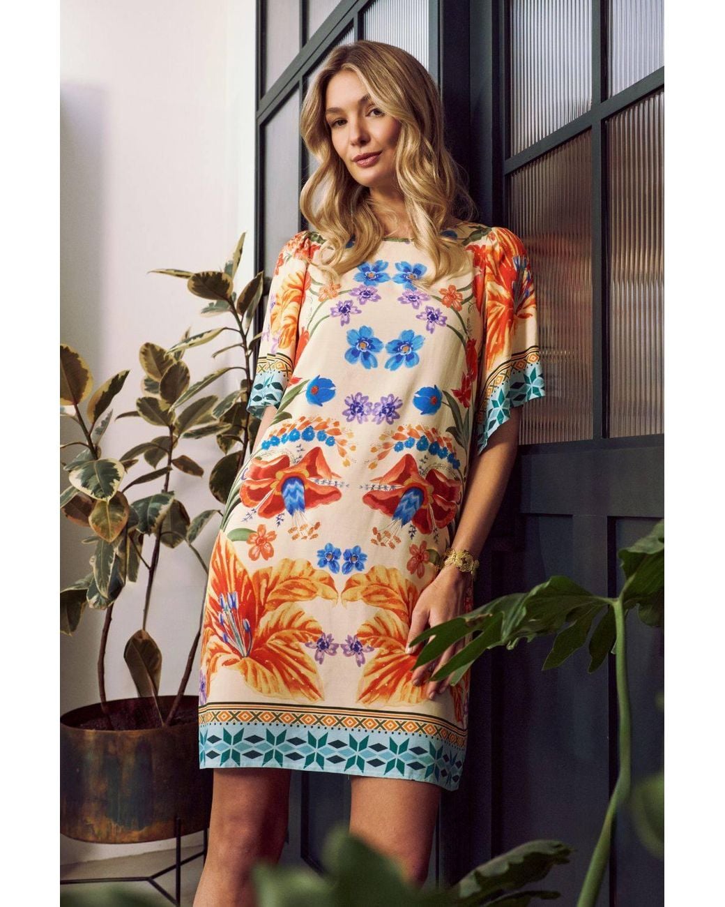 Izabel London Orange Floral Border Print Short Shift Dress