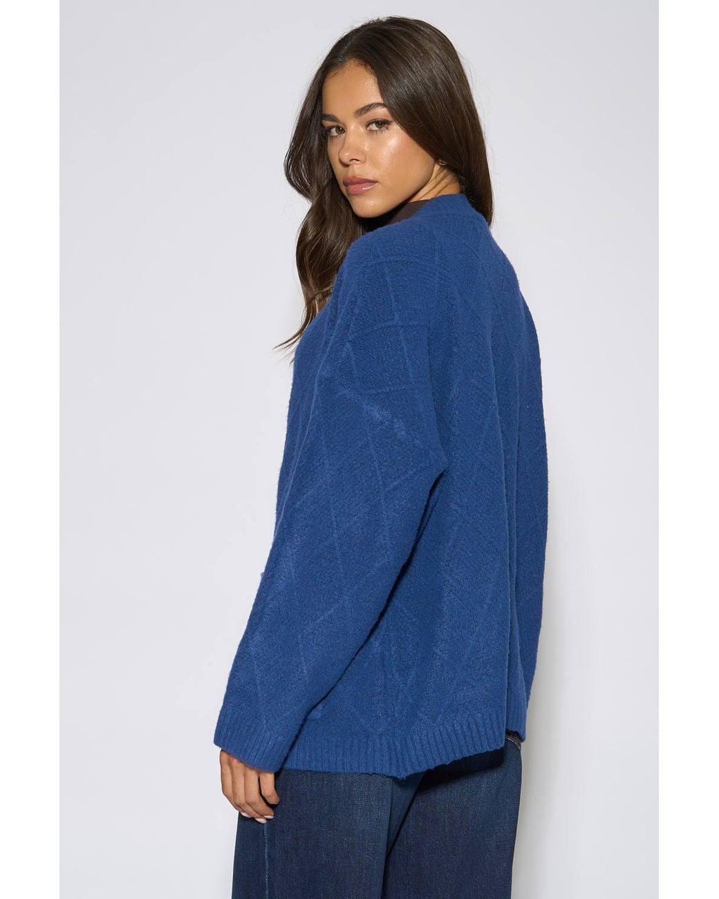 Gini London Blue Textured Button Detail Long Sleeves Cardigan