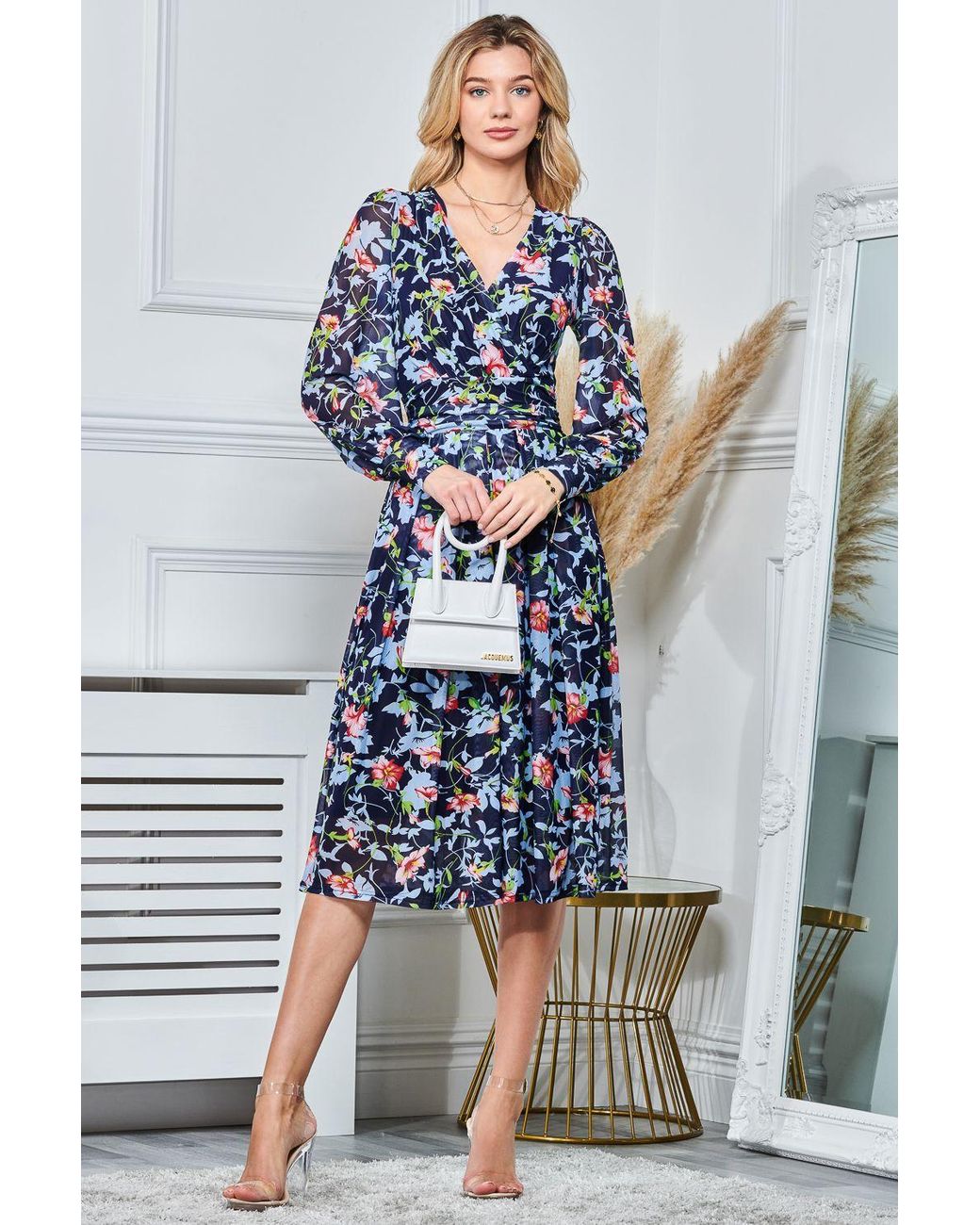 Jolie Moi Blue Floral Long Sleeve Mesh Midi Dress