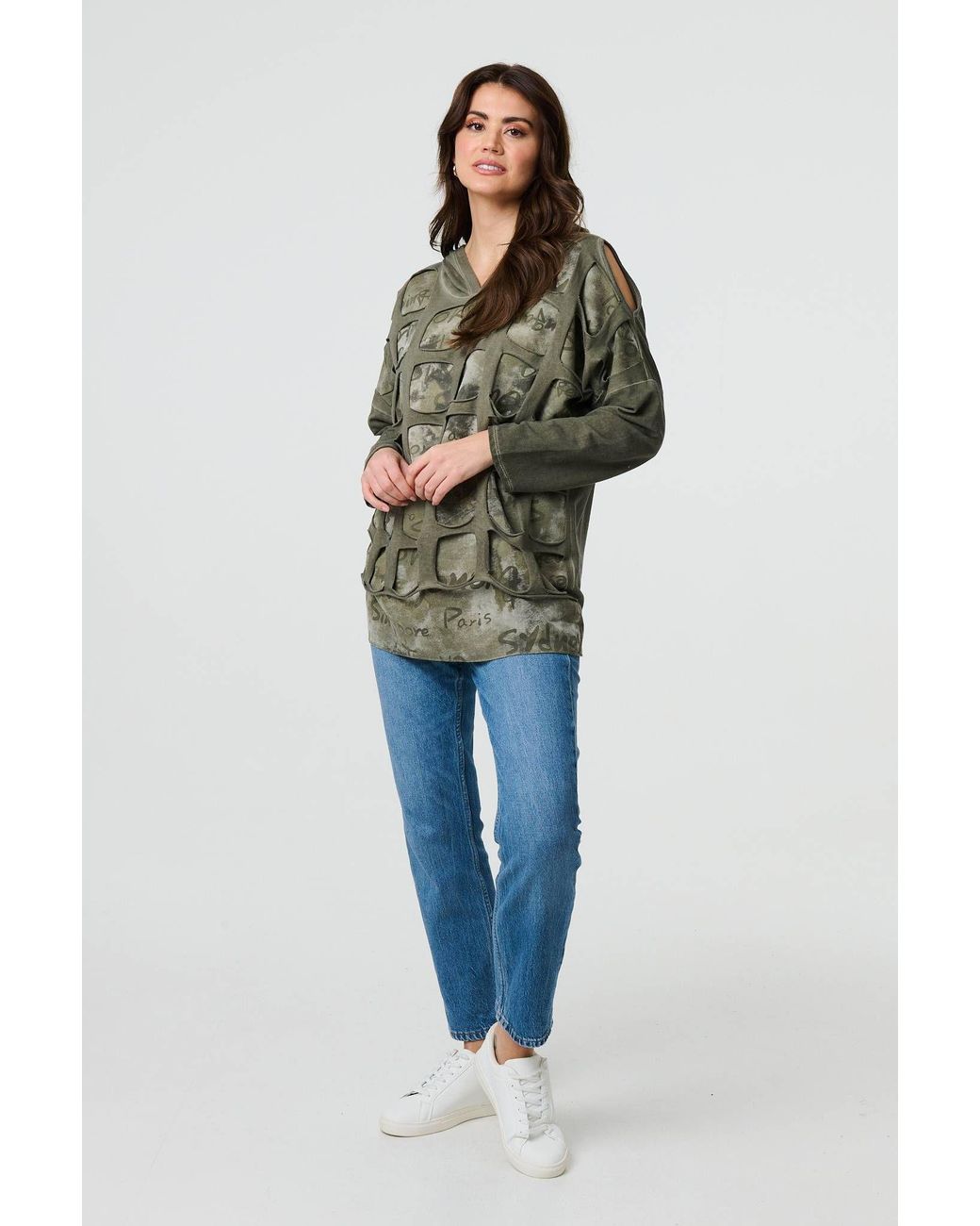 Izabel London Green Graphic Print Cut Out Layer Hoodie