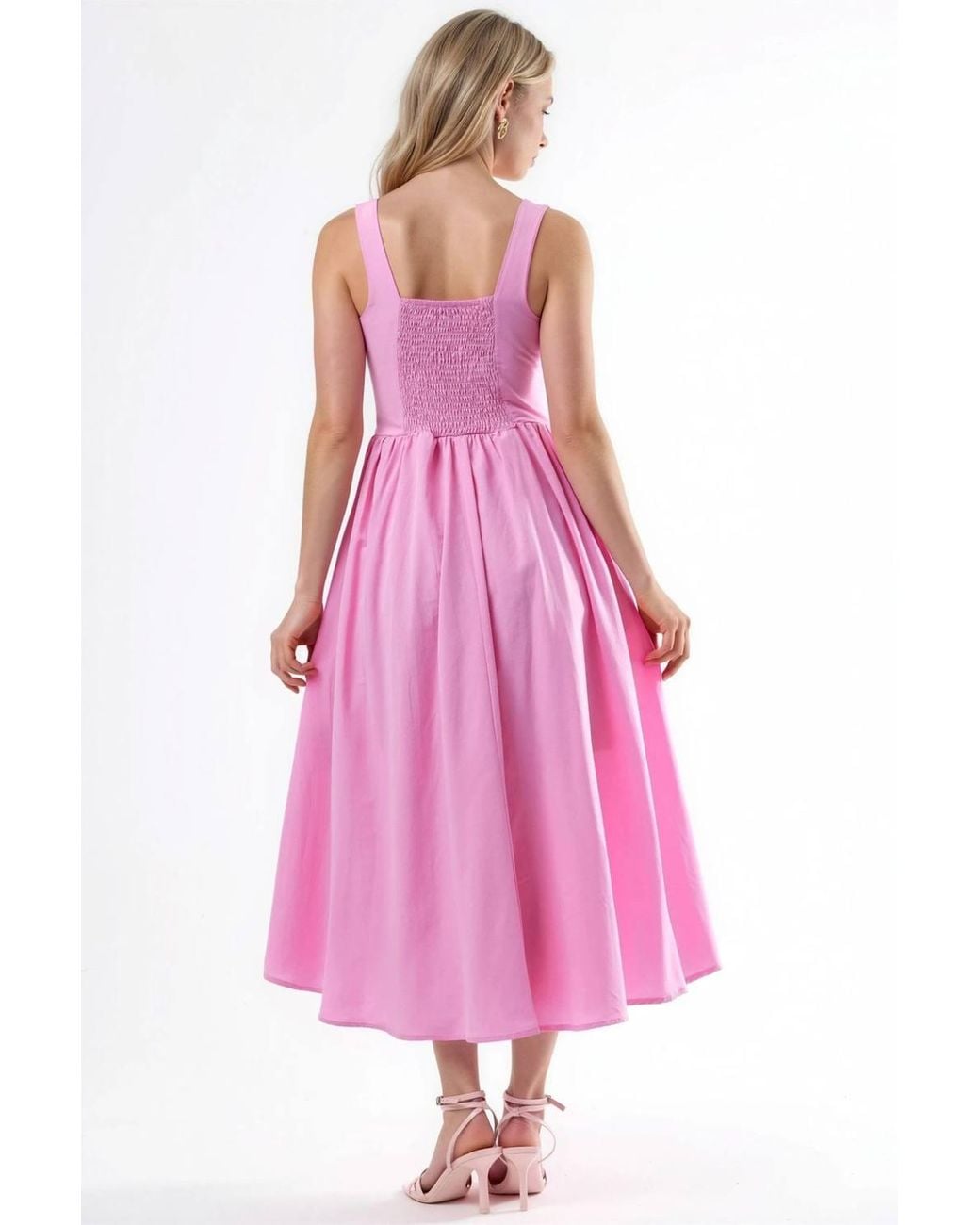 Busem Pink Midi Dress With Square Collar & Button Detail