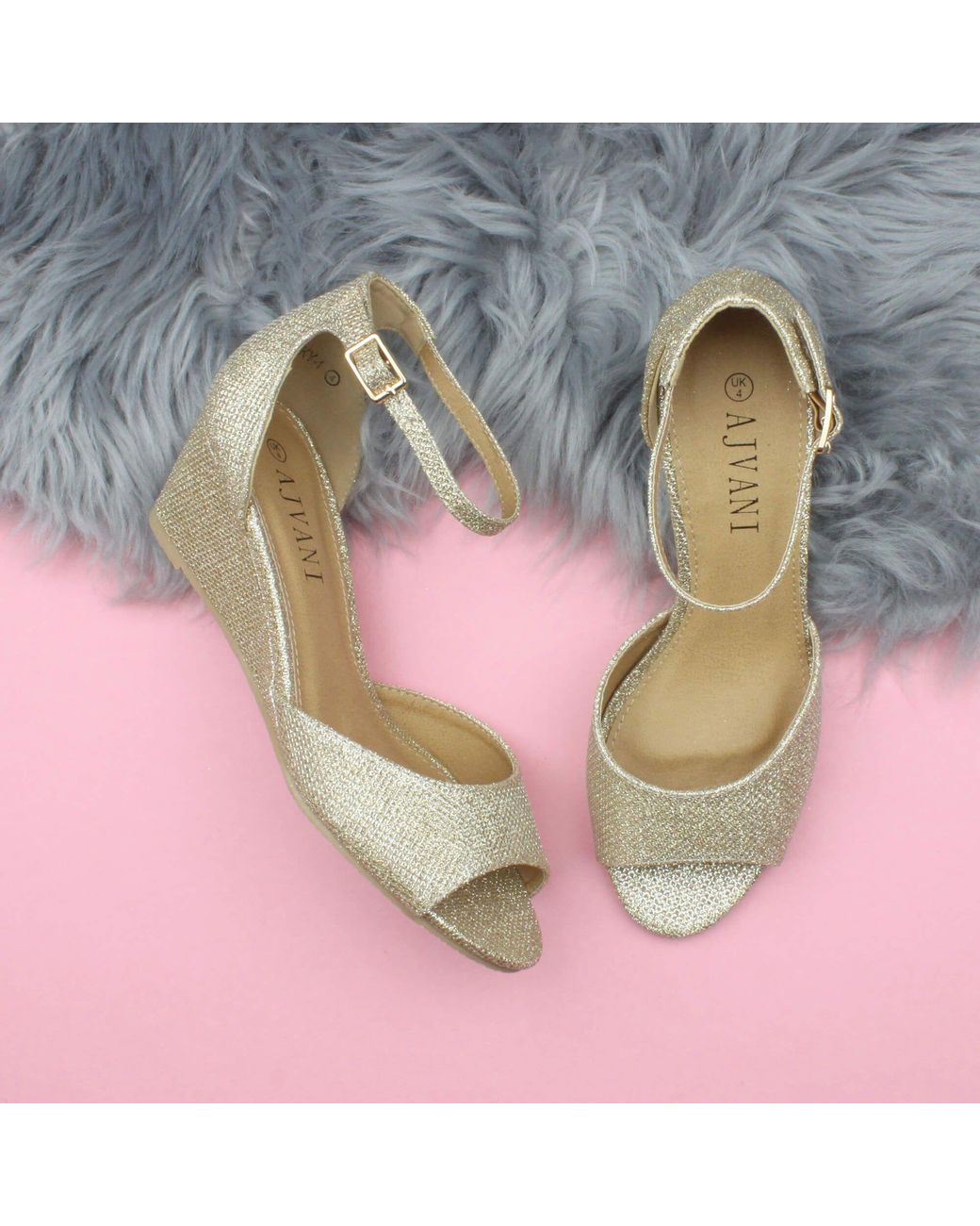 AJVANI Metallic Mid Wedge Heel Ankle Strap Glitter Sandals