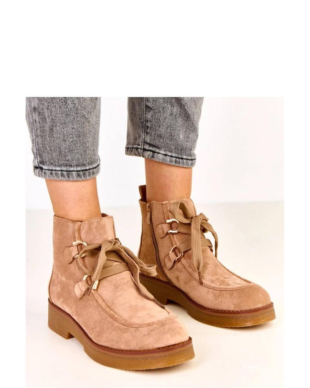 KDMD Natural Insulated Suede Like Ankle Boots With Side Zipper & Laces