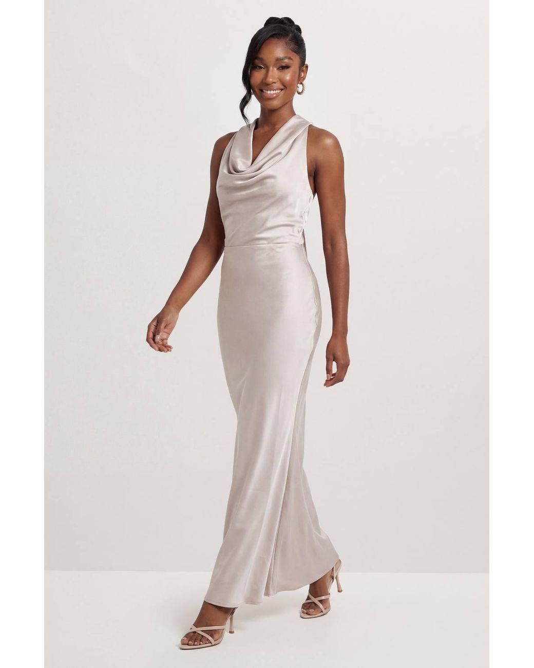 MissPap Natural Satin Cowl Wrap Neck Maxi Dress