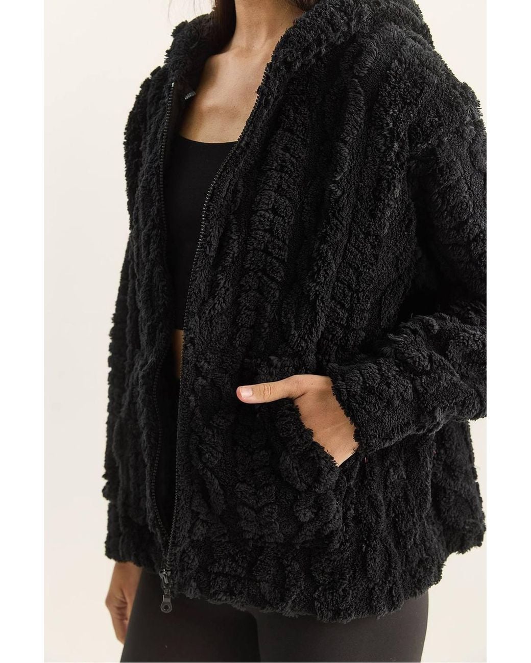 Bianco Lucci Black Hooded Textured Knitted Cardigan With Zipper
