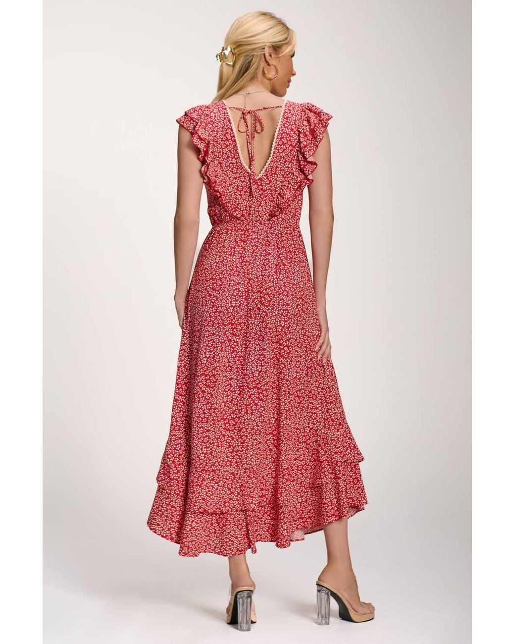 Jolie Moi Red Ruffle V-Neck Viscose Midi Dress