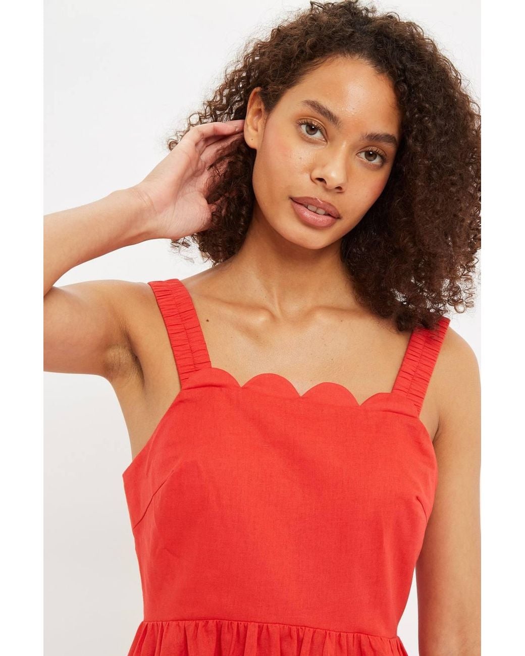 Louche Red Zora Scalloped Detailed Midi Sundress