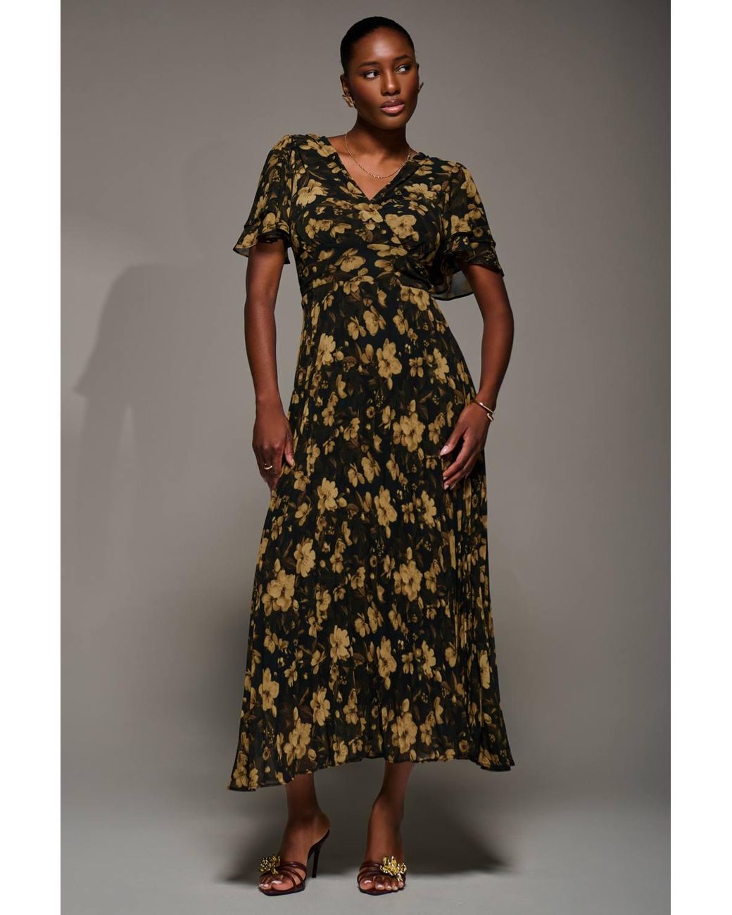Jolie Moi Brown Chiffon Ruffle Sleeve Pleated Maxi Dress
