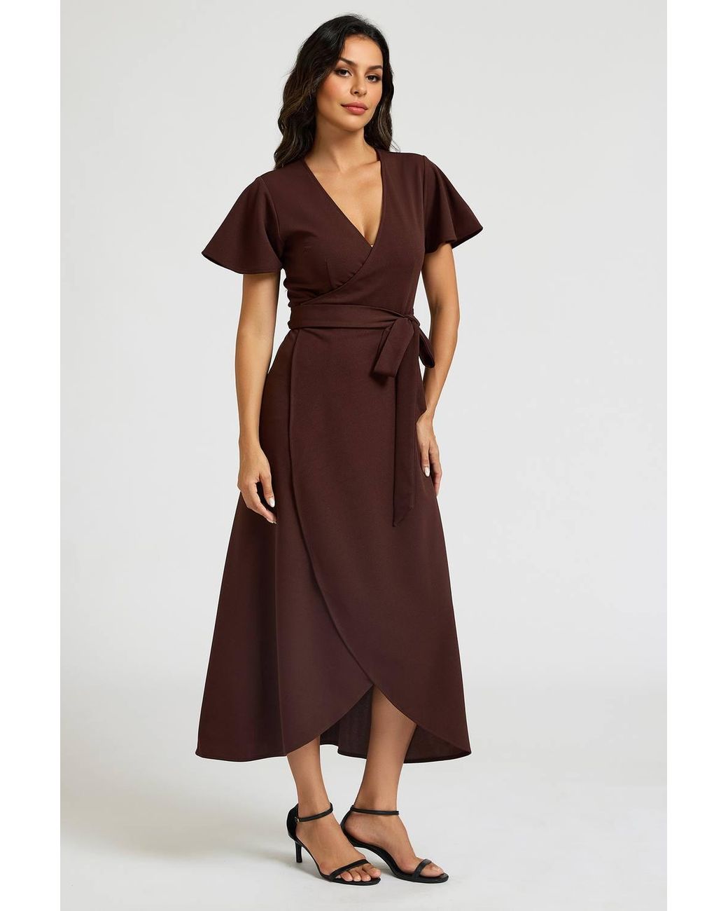 FS Collection Brown Flutter Sleeve Wrap Front Midi Dress