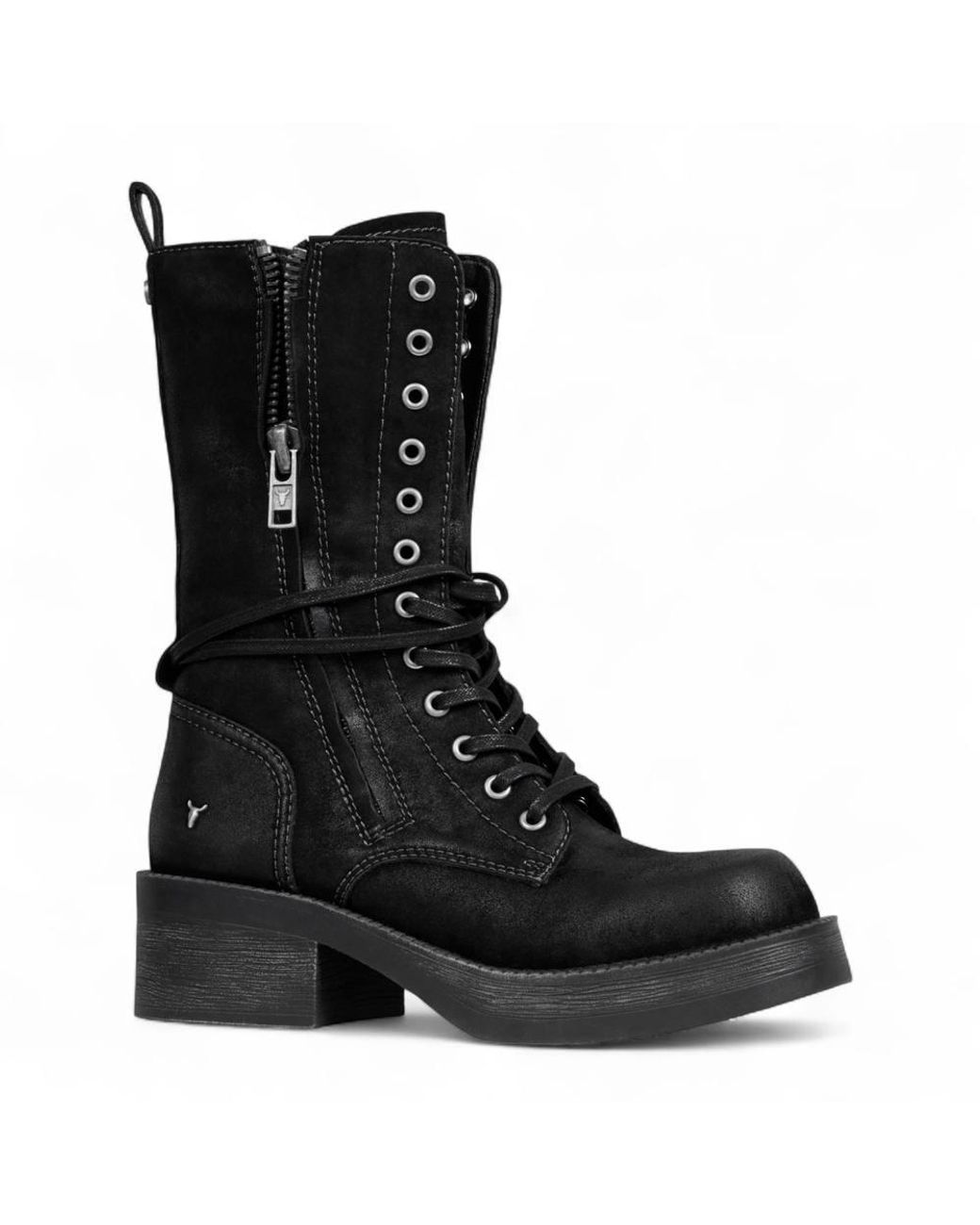 TruClothing Black Suede Combat Boots Mid-Calf Lace-Up Biker Shoes
