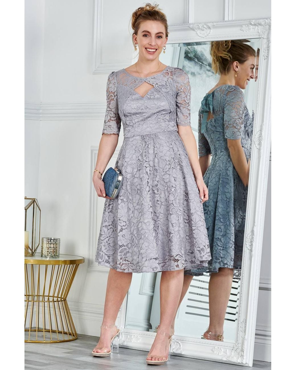 Jolie Moi Gray Fit & Flare Lace Midi Dress