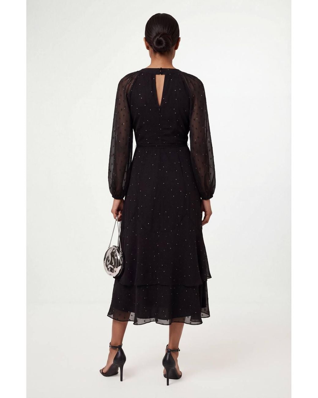 Wallis Black Printed Metallic Twist Neck Midi Dress