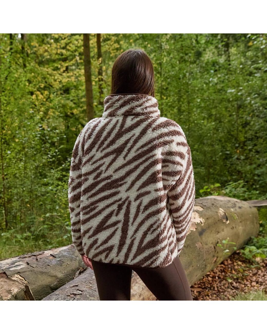 OHS Green Zebra Print Half Zip Jacket Teddy Fleece Pullover Jumper Sweatshirt