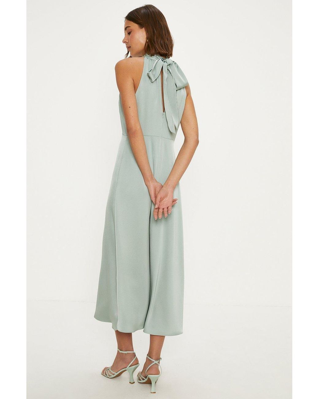 Oasis Green Satin Halter Neck Midi Bridesmaid Dress