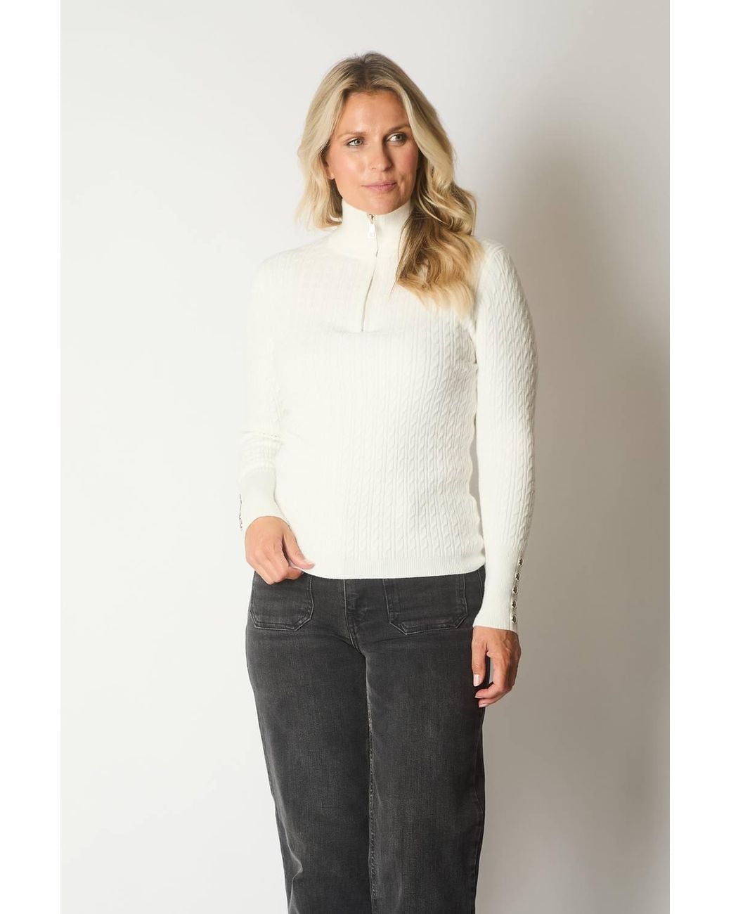Solo White Cable Knit Quarter-Zip Sweater With Button Cuff Detail