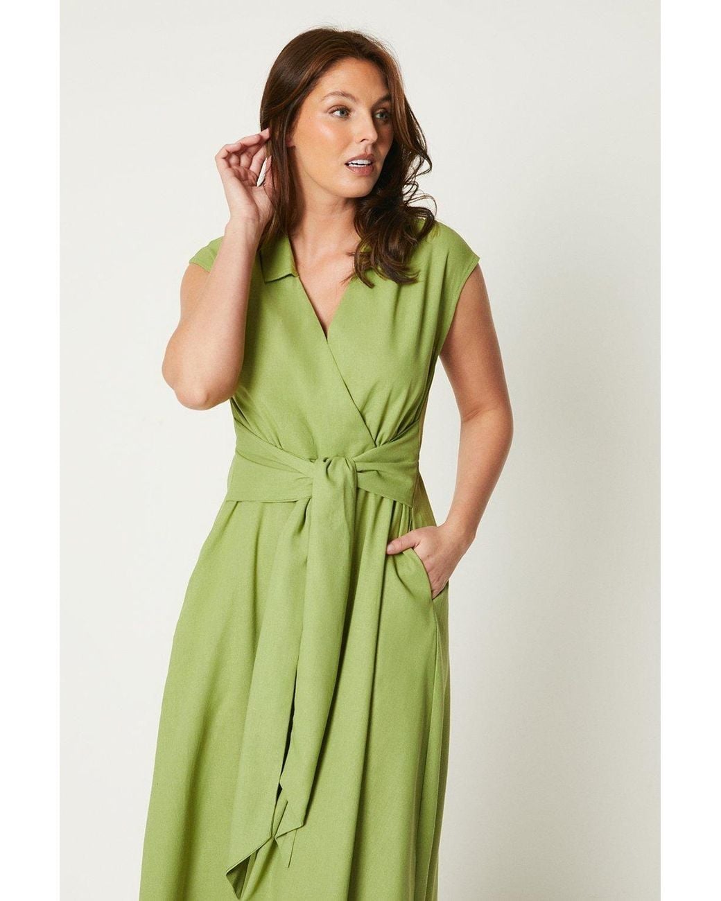 Wallis Green Linen Blend Belted Midi Dress