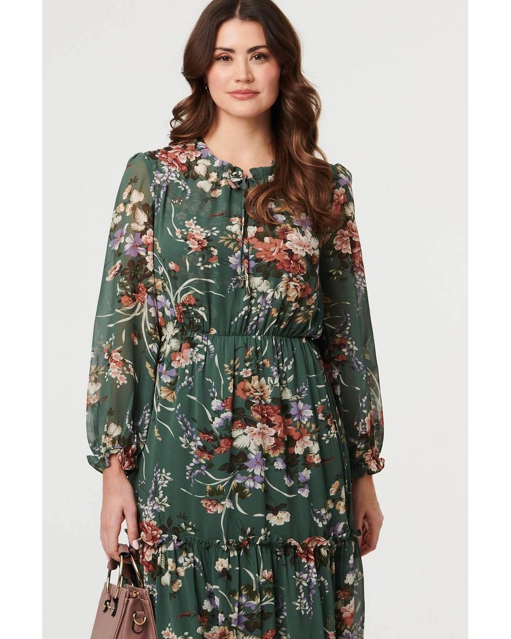 Izabel London Green Floral Tiered Long Sleeve Midi Dress