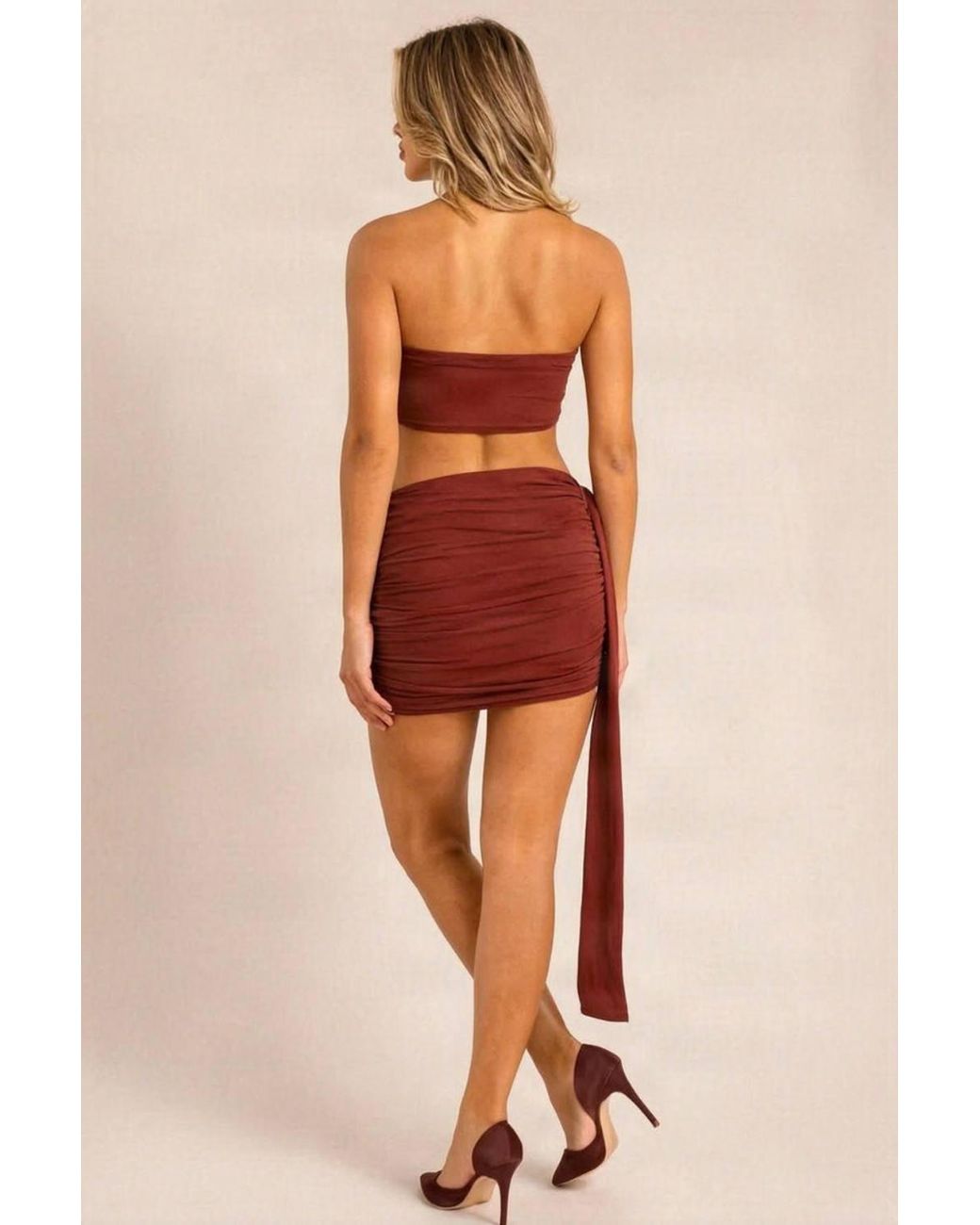 Rebellious Fashion Red Holland Slinky Trim Detail Bandeau Top & Drape Mini Skirt Co-Ord Set