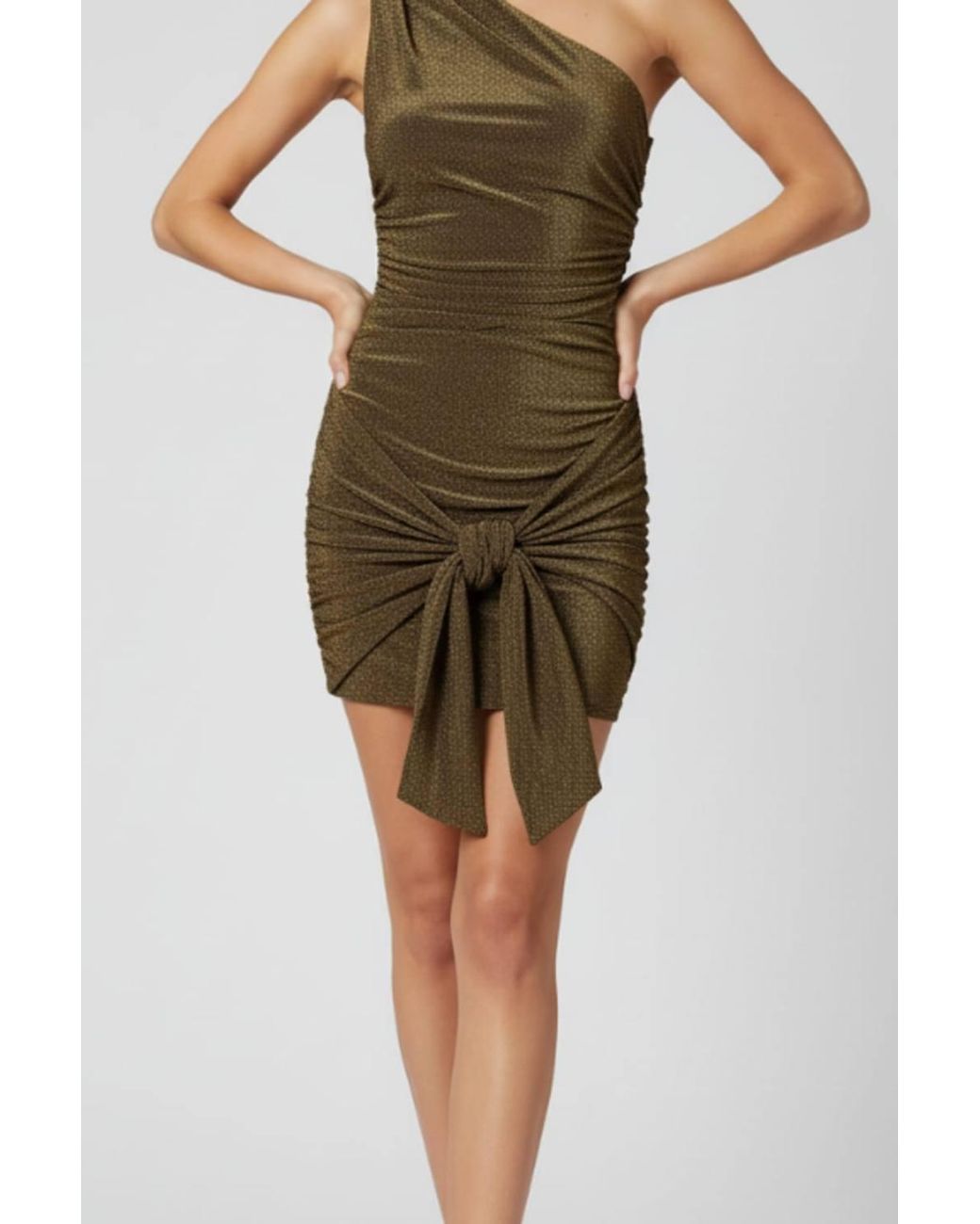 Stylewise Metallic Lurex Asymmetric Off-Shoulder Drape Detail Mini Dress
