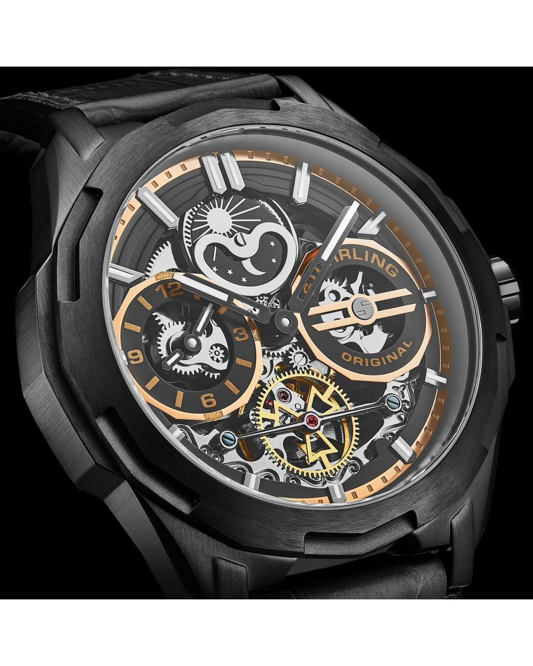 Stuhrling Black Dual Time Automatic Navigator Watch, 46Mm Stainless Steel Case, Dual Time, Skeleton Dial, Sun/Moon Phase Indicator for men