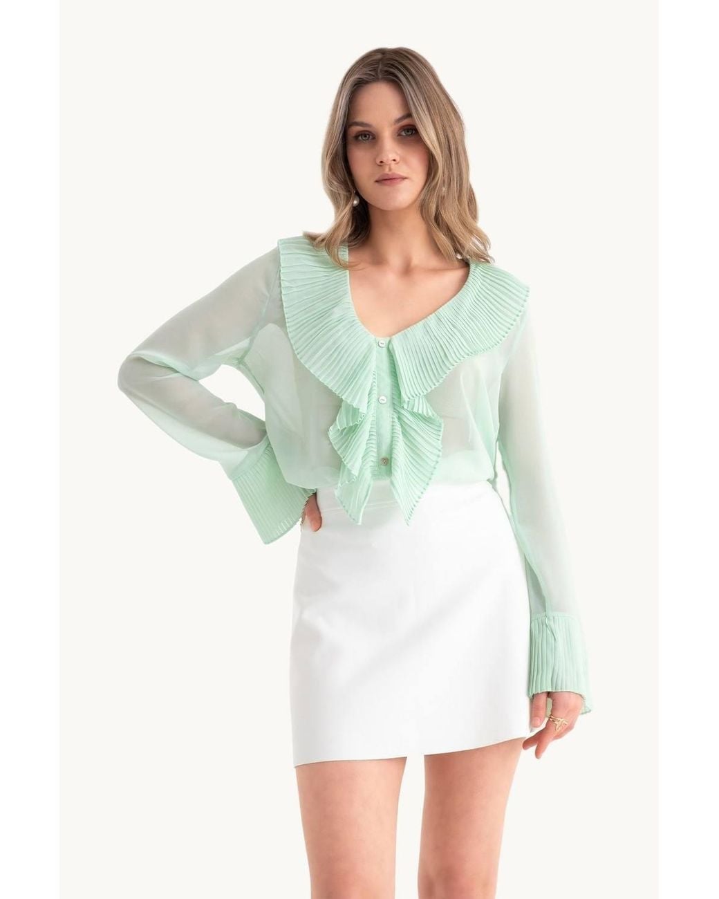 Hiccup Green V Neck Buttoned Bell Sleeves Mesh Blouse