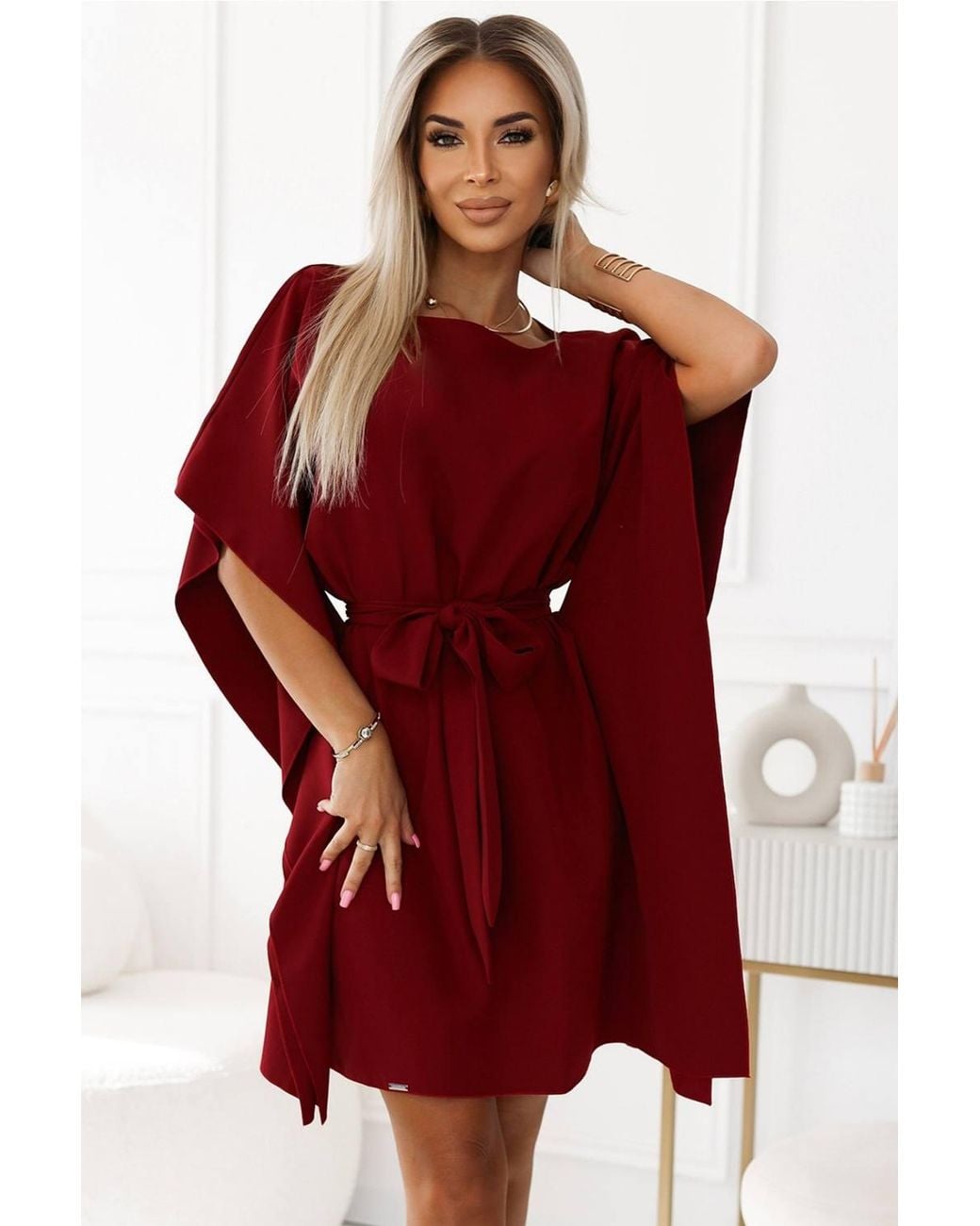 KDMD Red Butterfly Midi Dress With Waist Tie