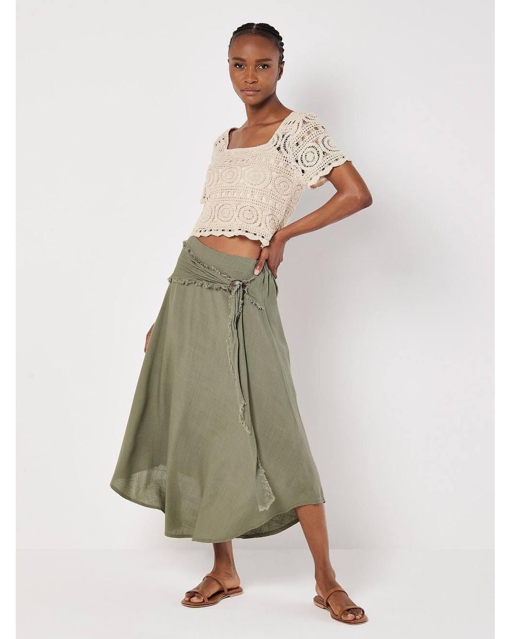 Apricot Green Linen Blend Hanky Hem Midi Skirt