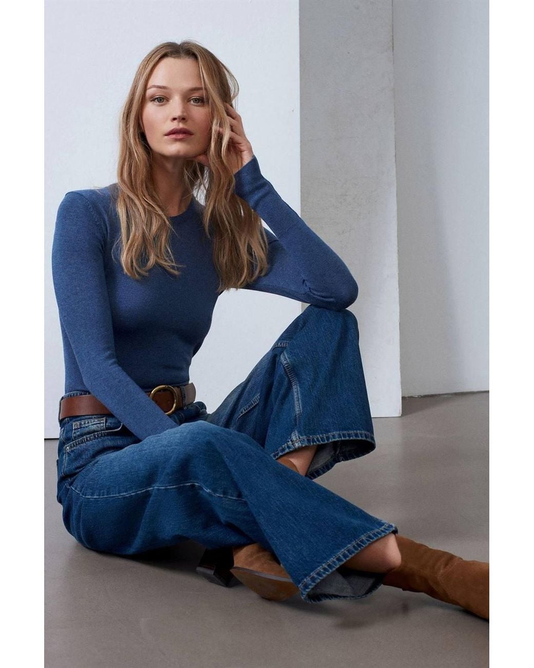 Dilvin Blue High-Waist Wide-Leg Cotton Denim Jeans