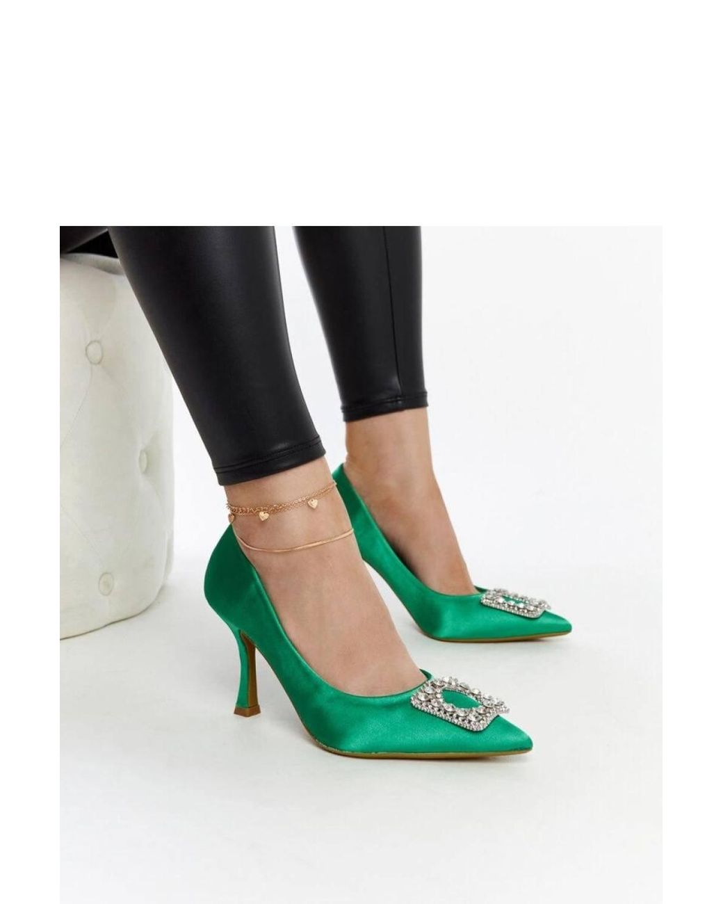 KDMD Blue Satin Zircon High Heel Pumps Slip On Pointed Toe Elegant