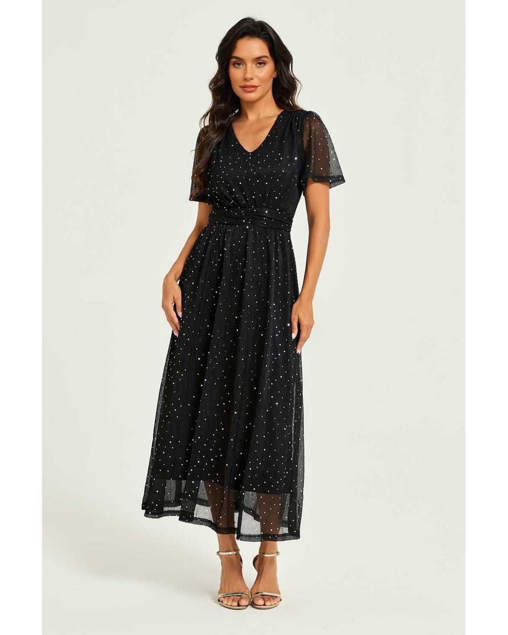 FS Collection Black Sequin Pleated Ruched Waist Midi Dress