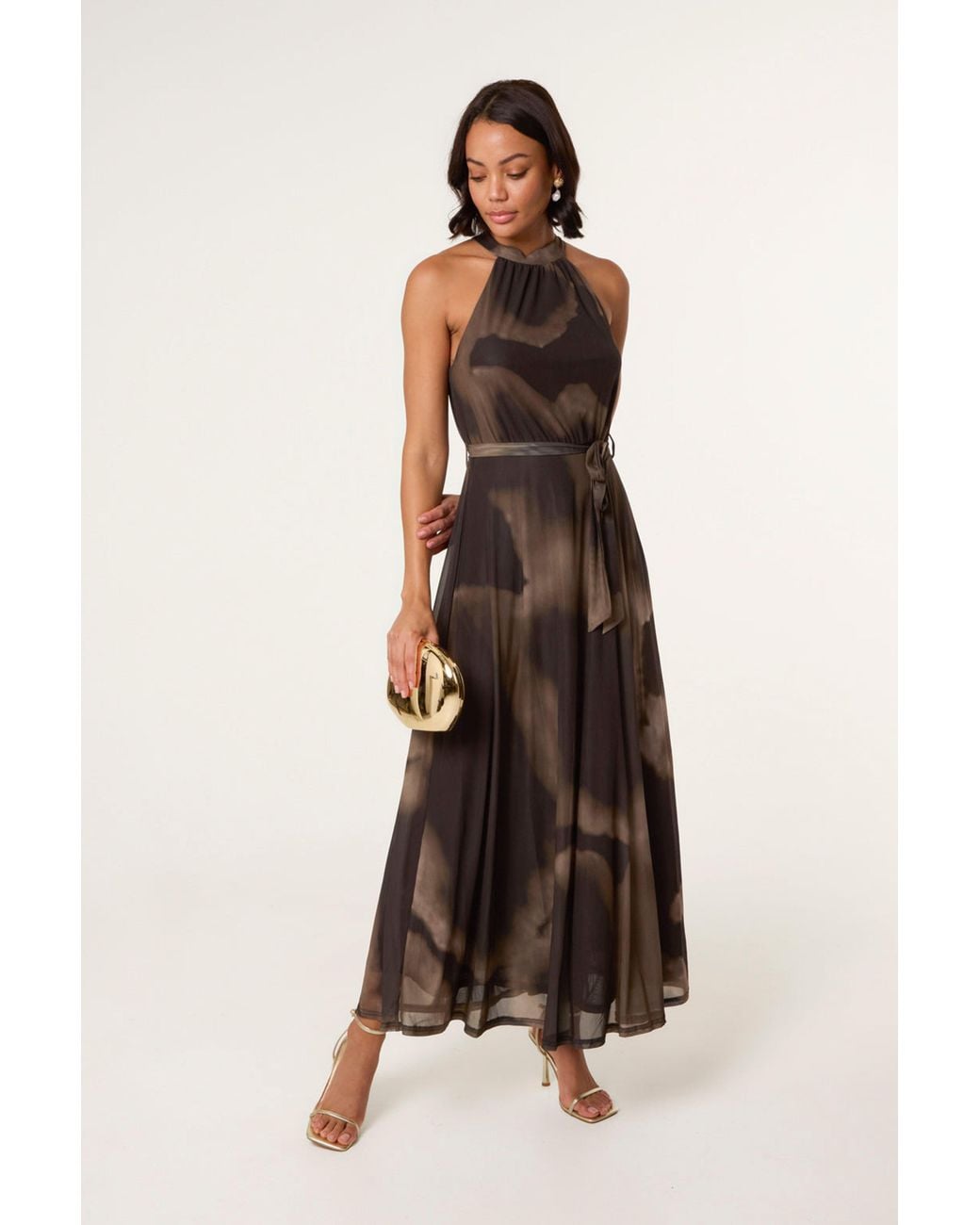Blue Vanilla Natural Sleeveless Belted Turtleneck Maxi Dress
