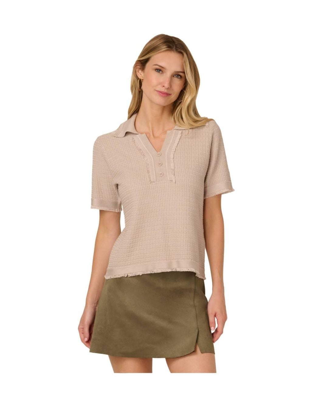 Adrianna Papell Black Short Sleeve Button Front Polo Fray Edge Sweater