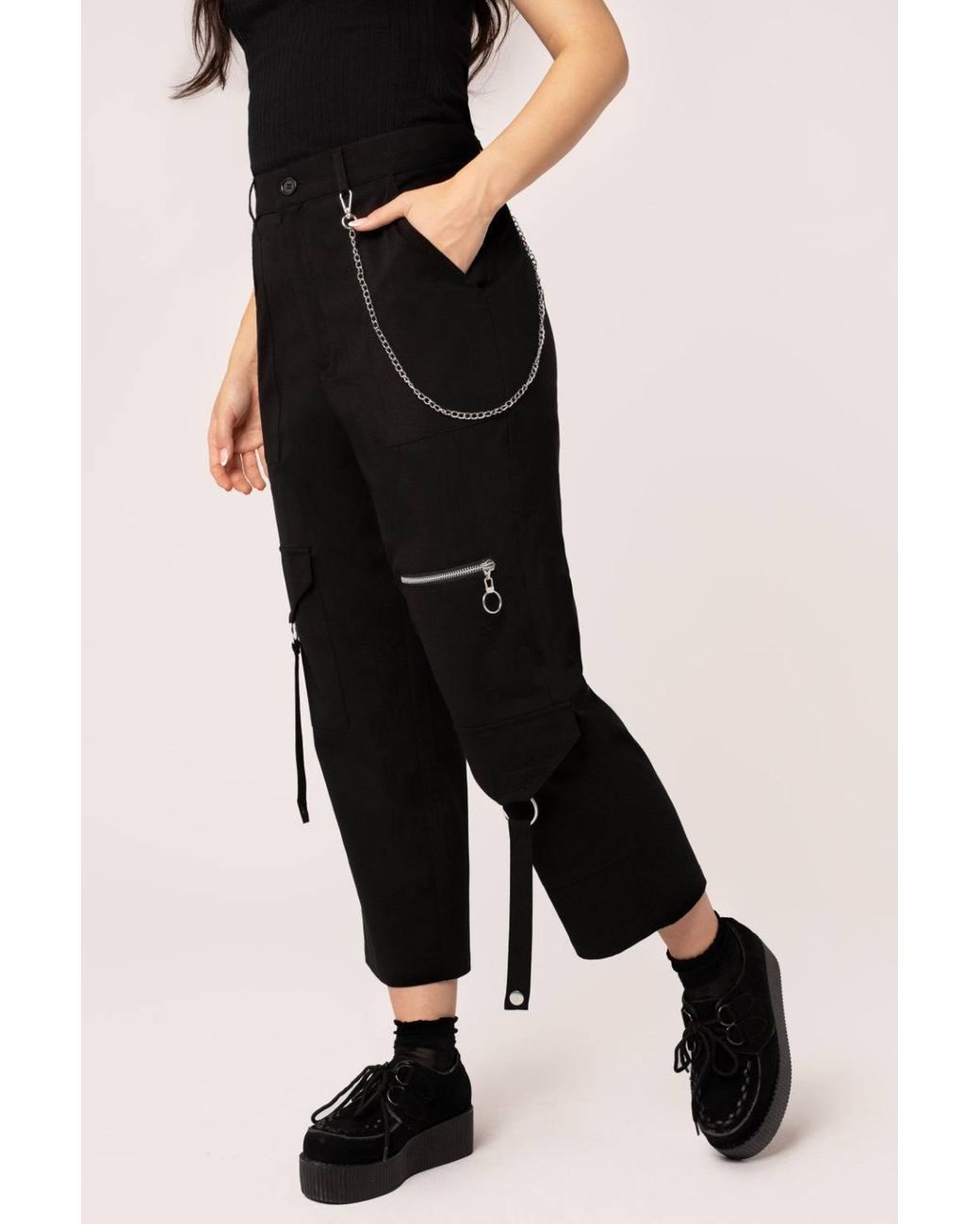 Hell Bunny Black Mallory Cropped Straight Leg Trousers Chain & Pocket Detail