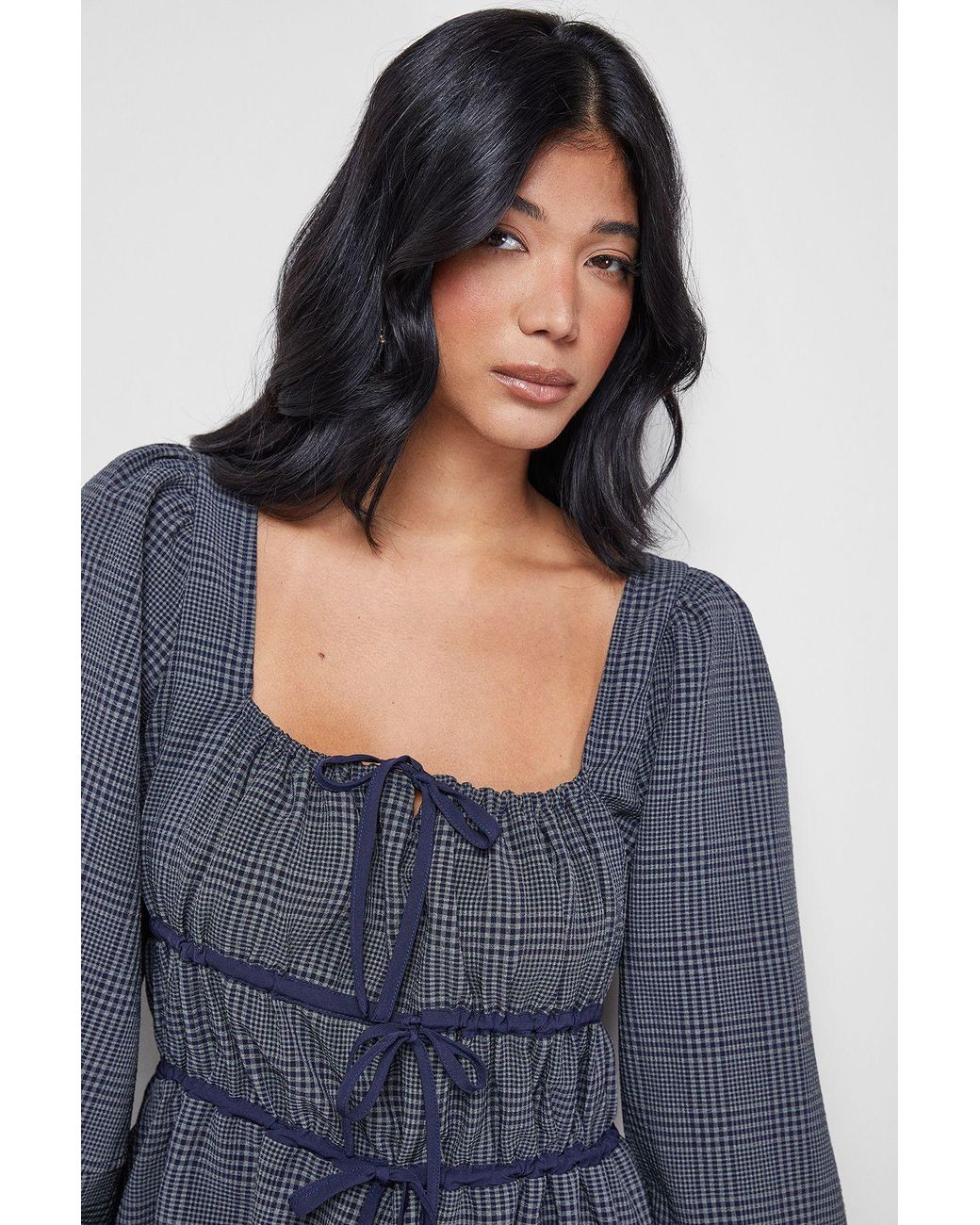 Warehouse Blue Check Tie Front Square Midi Dress