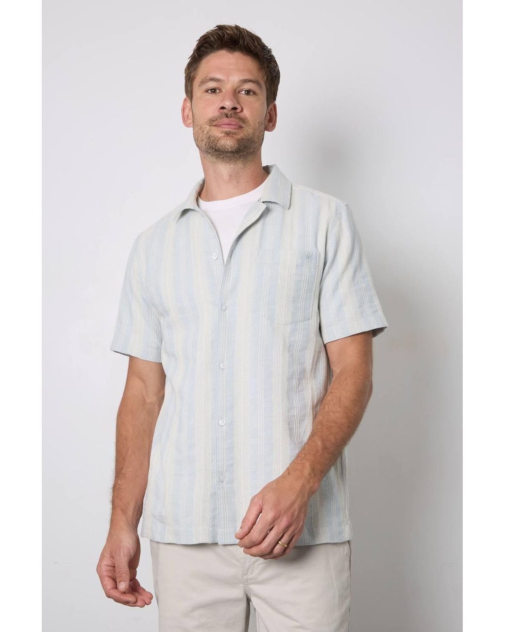 MAINE White Textured Stripes Revere Short Sleeve Shirt for men