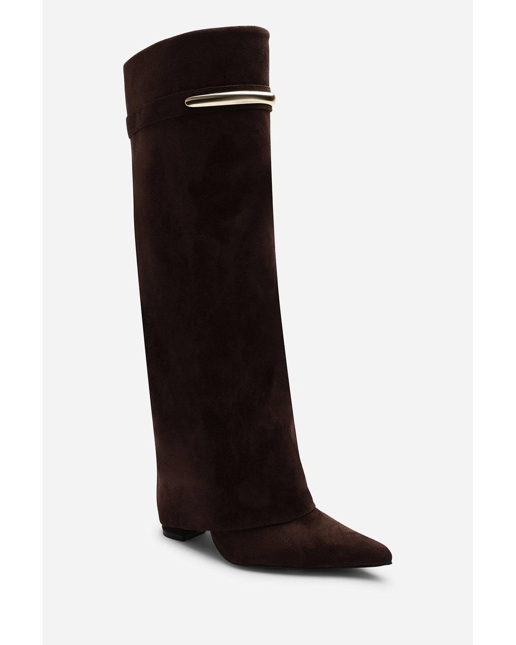 Where's That From Brown Nareva Fold Over Shark Block Heel Point Toe Boots With Trim Detail