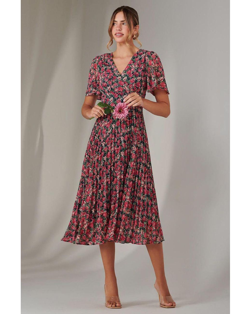 Jolie Moi Red Chiffon Pleated Wrap Midaxi Dress