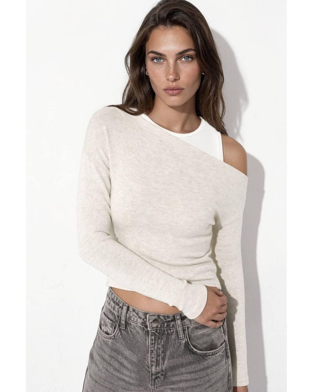 Hiccup White Textured Layered Blouse With Asymmetric Neckline