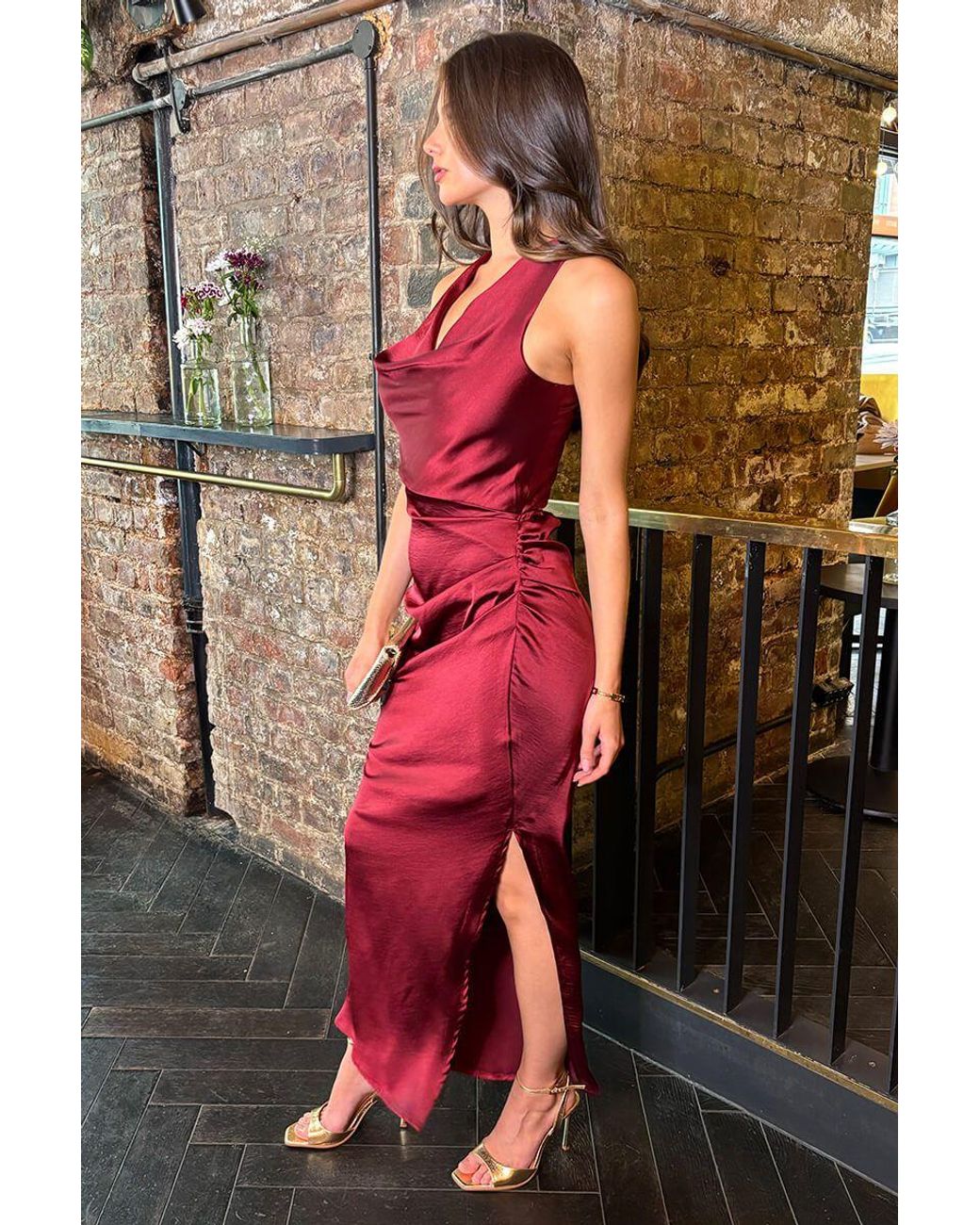 AX Paris Red Satin Cowl Neck Cross Back Midi Dress