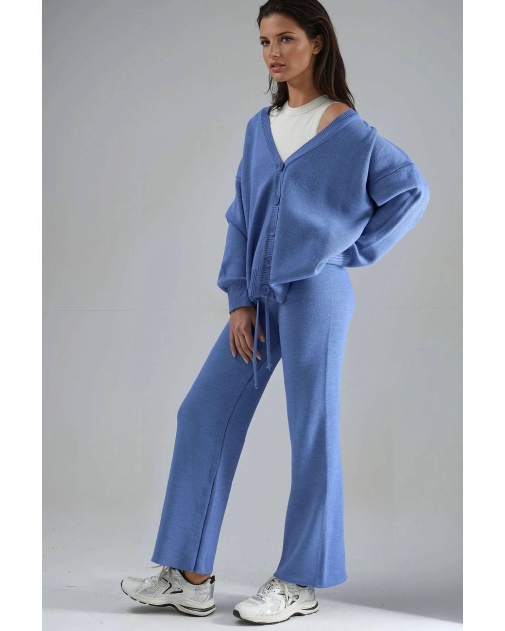 My Fashion Blue V-Neck Cardigan & Wide Leg Pants Knitwear Set
