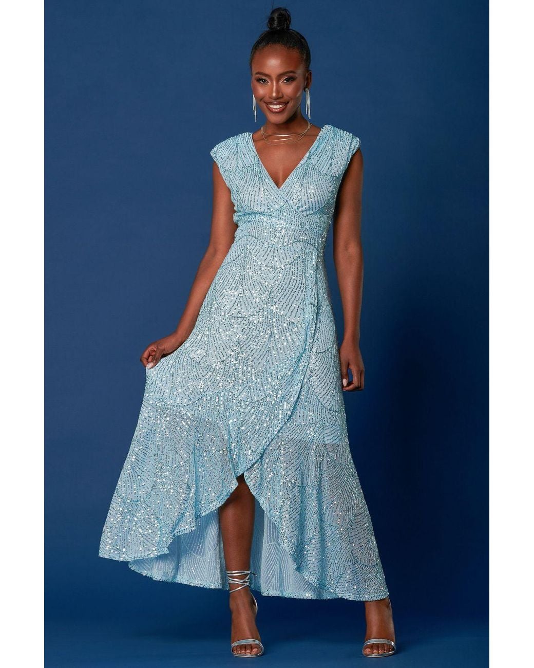 Jolie Moi Blue Sequin High Low Hem Maxi Dress