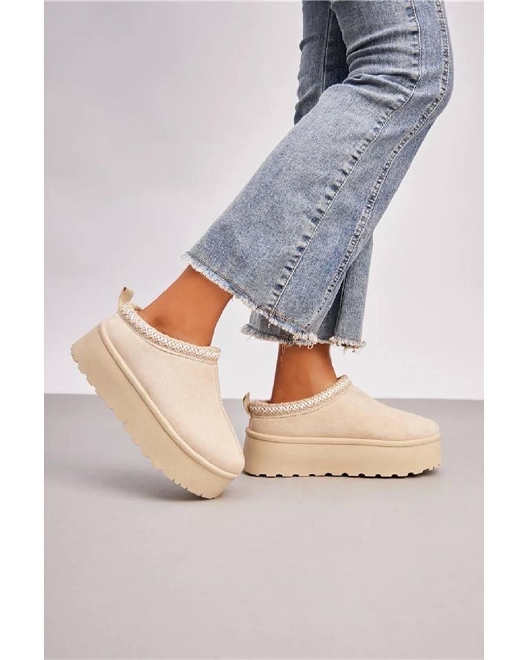 LARANGE Gray Faux Suede Warm Fur Lined Platform Slip-On Slippers