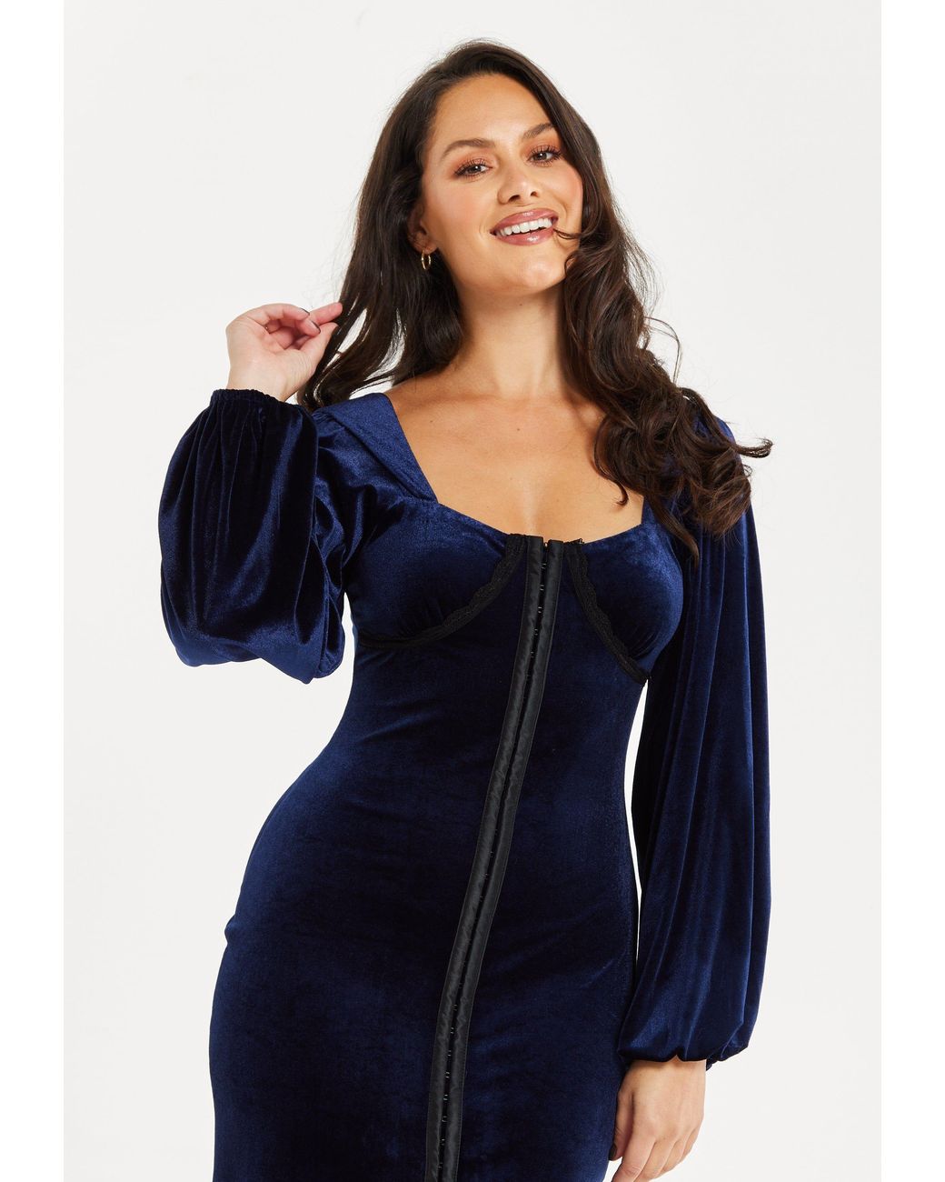 Liquorish Blue Corset Detail Mini Velvet Dress