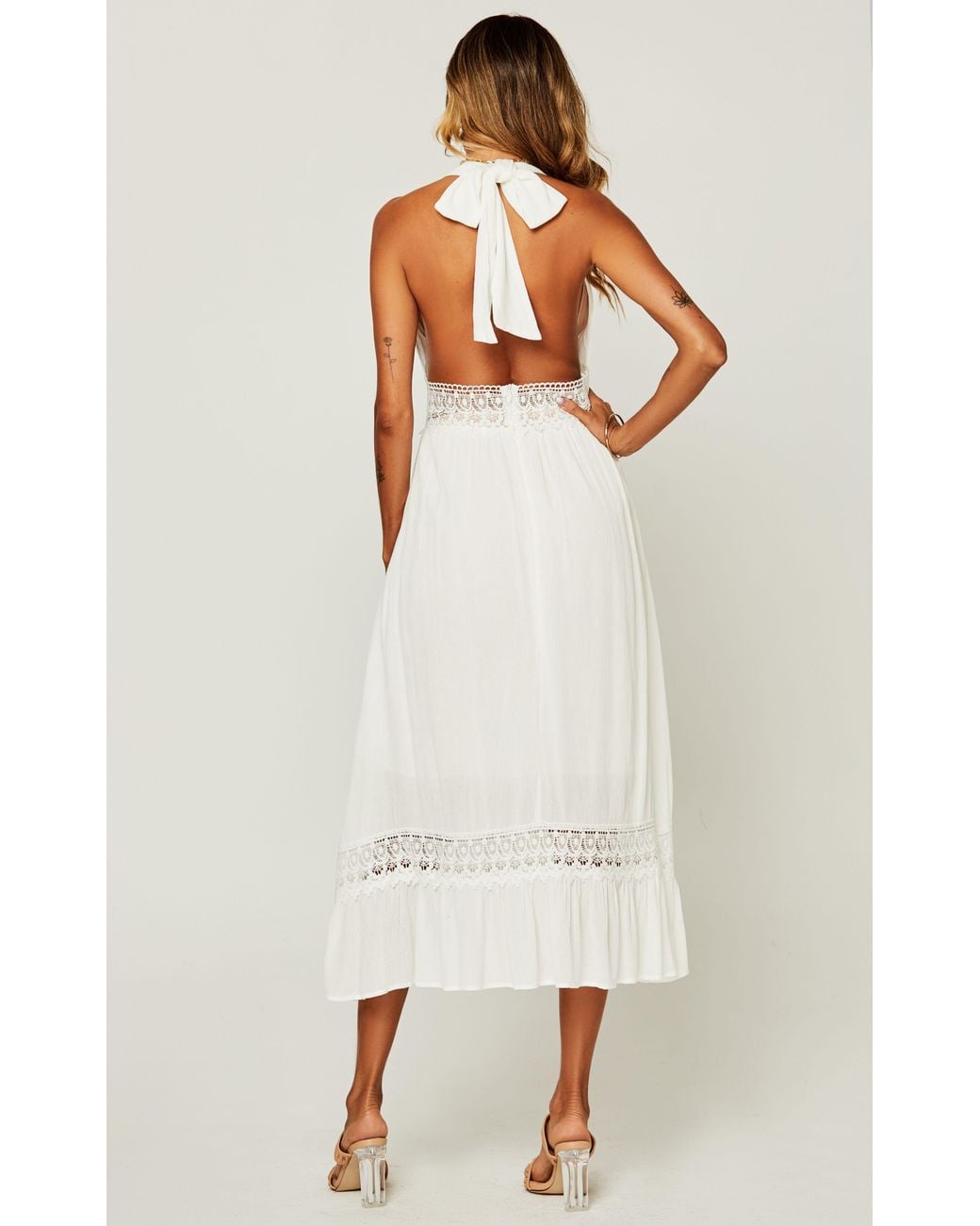 FS Collection Natural Lace Detail Adjustable Deep V Neckline Maxi Dress
