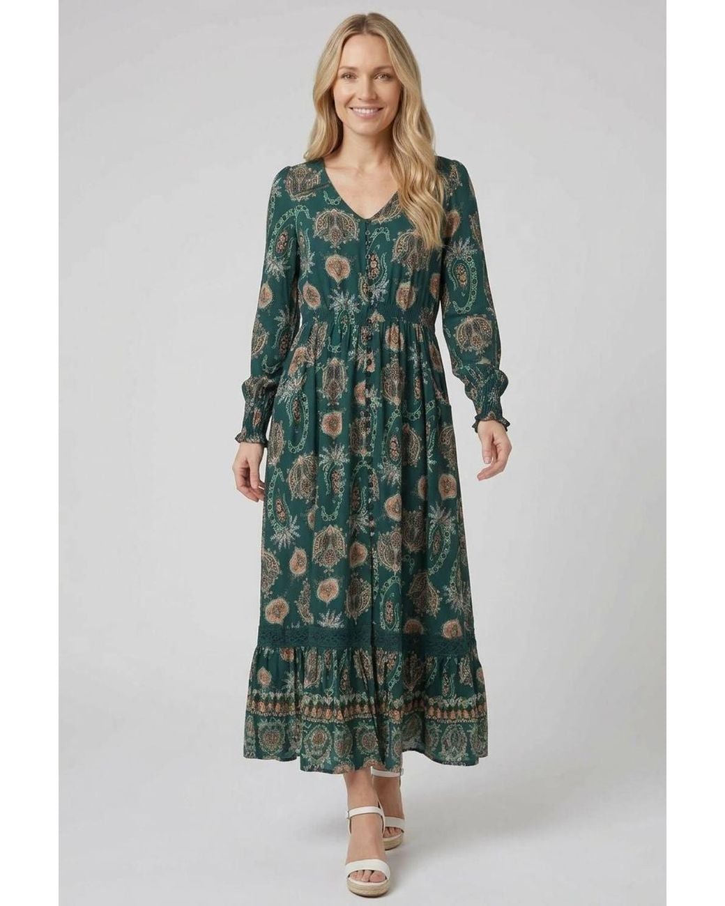 Izabel London Green Paisley Long Sleeve Shirred Maxi Dress