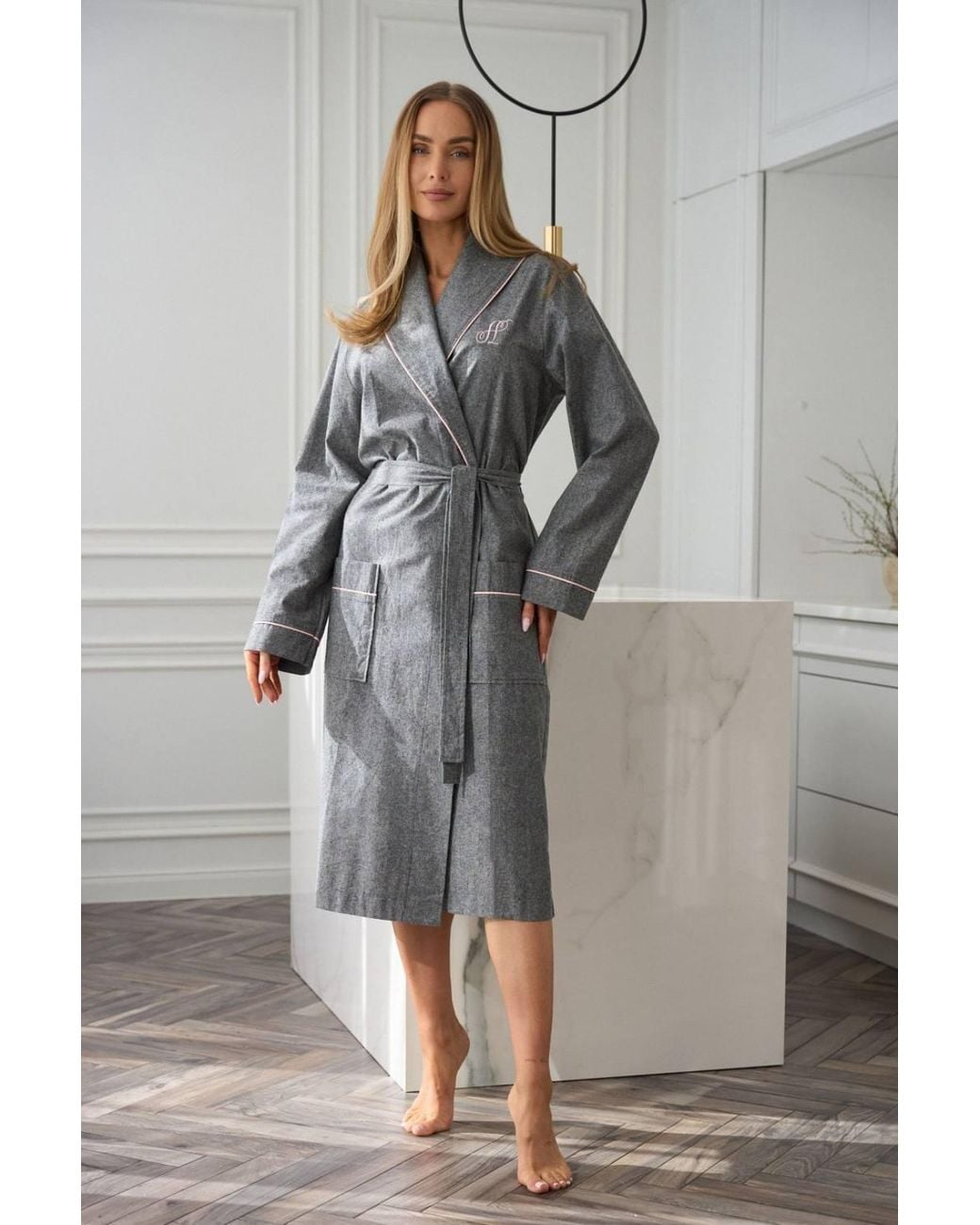 KDMD Gray Knee Length Dressing Gown With Piping & Pockets