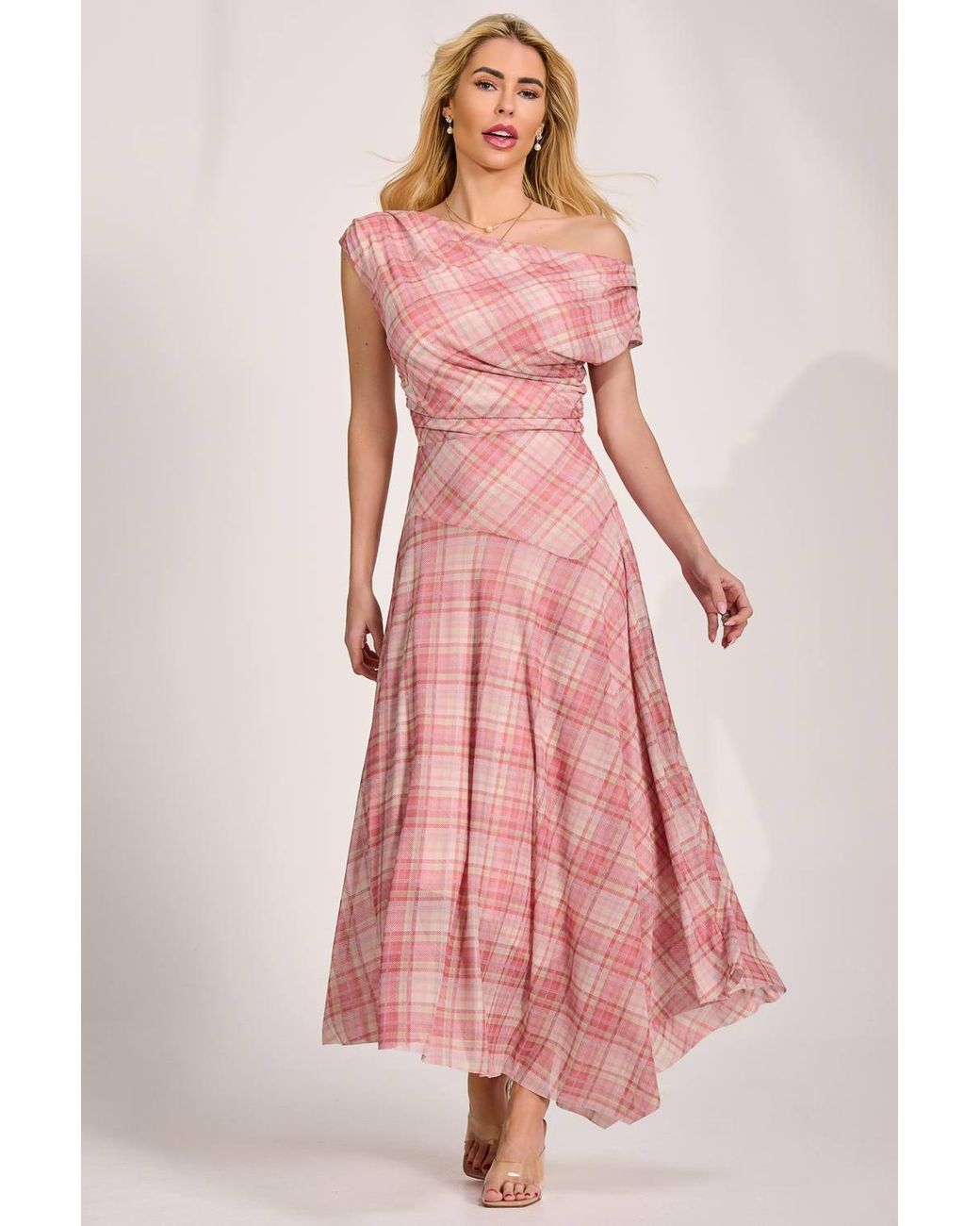 Jolie Moi Pink Asymmetric Draped Mesh Maxi Dress