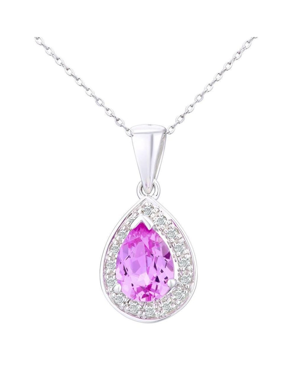 Jewelco London Pink 9Ct Diamond Pear Created Sapphire Necklace 18"