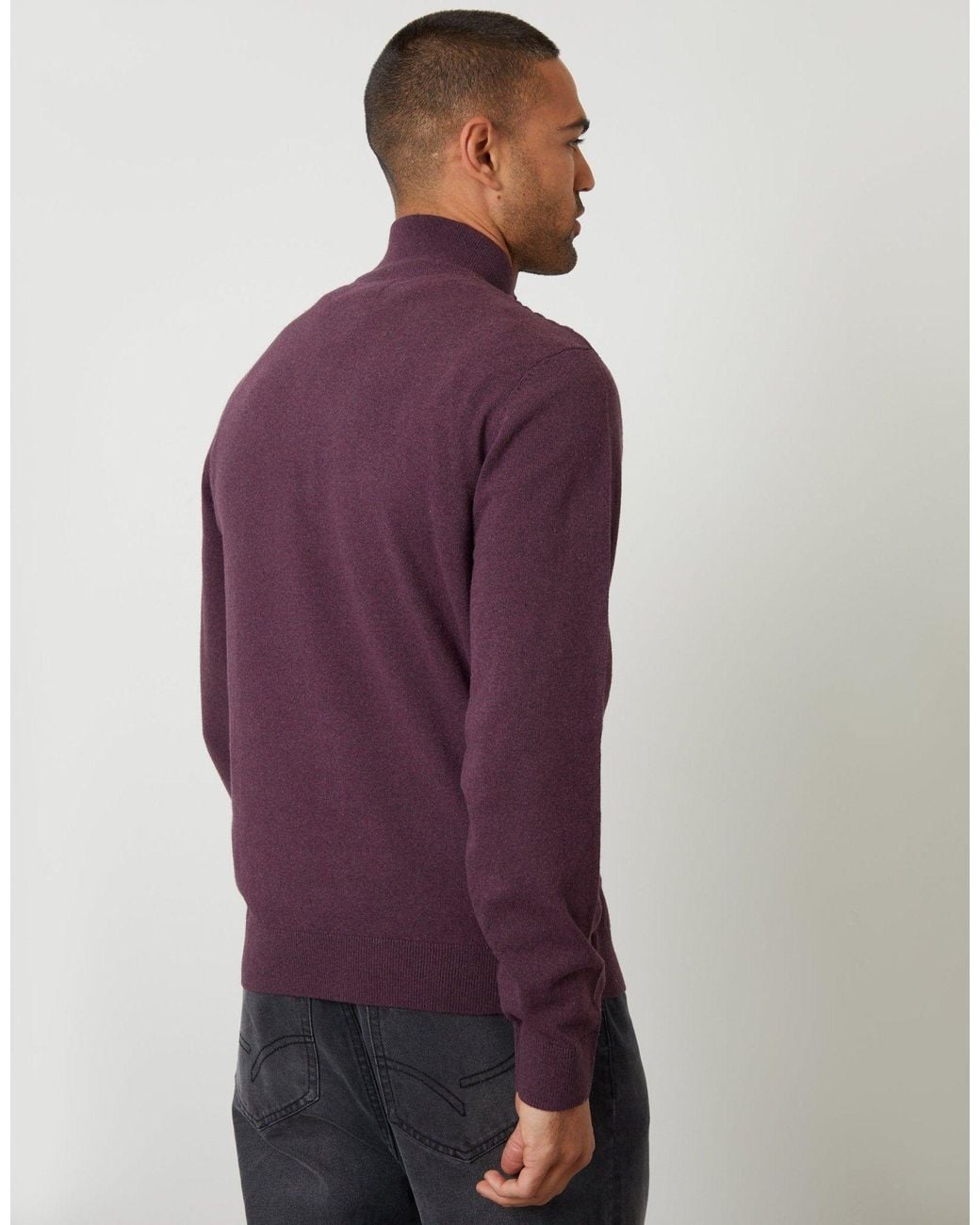 Threadbare Purple Rib Detail Knitted Quarter Zip Jumper for men
