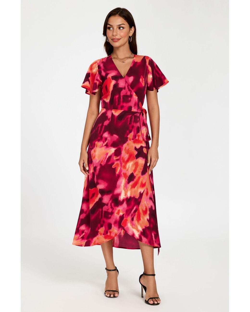 FS Collection Red Abstract Print Wrap Maxi Dress